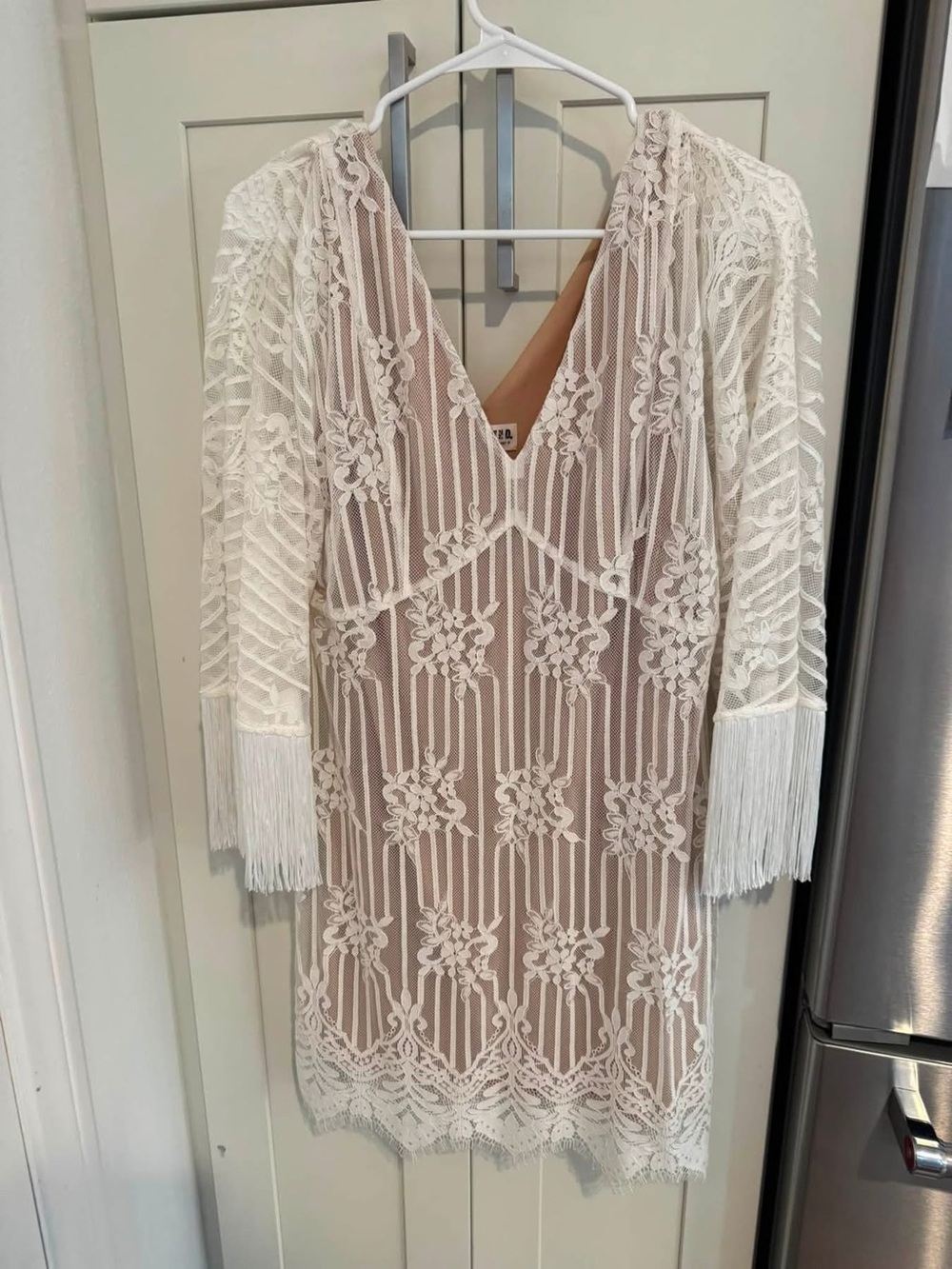 Idyllwind Ivory Lace V-Neck Fringe Sleeve Dress
